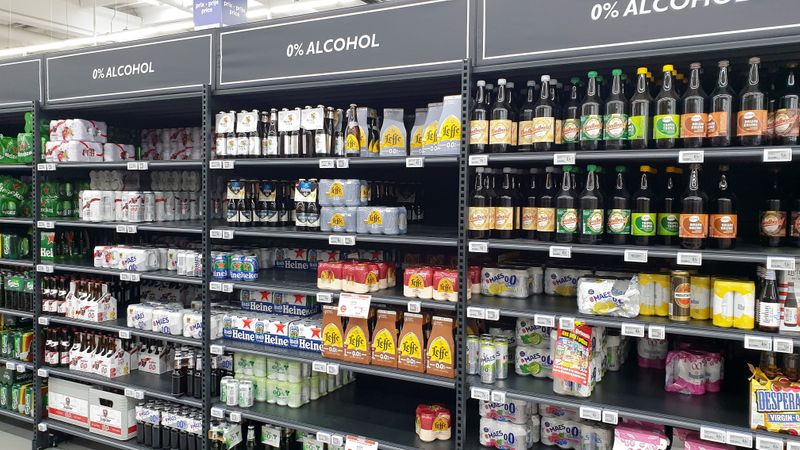 Shelves with non-alcoholic beer are seen at a supermarket in