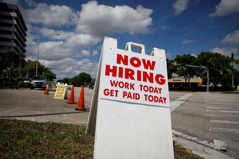 FILE PHOTO: A “Now Hiring” sign advertising jobs at a