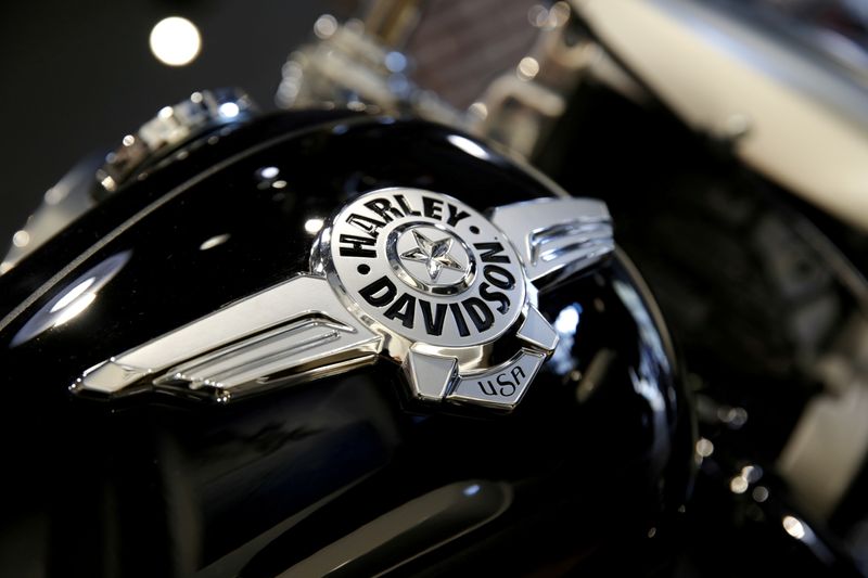 FILE PHOTO: The logo of U.S. motorcycle company Harley-Davidson is
