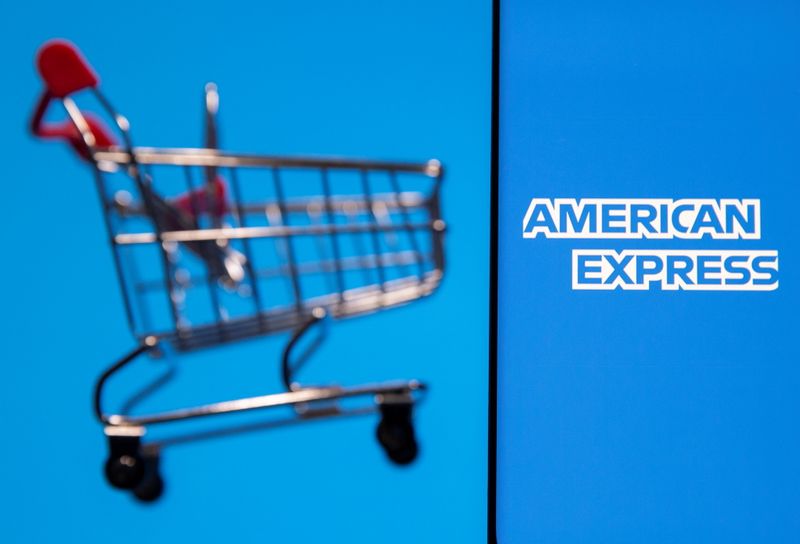 Smartphone with American Express logo is placed near toy shopping