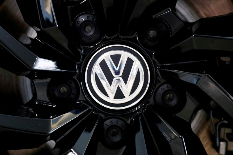 FILE PHOTO: The logo of German carmaker Volkswagen is seen