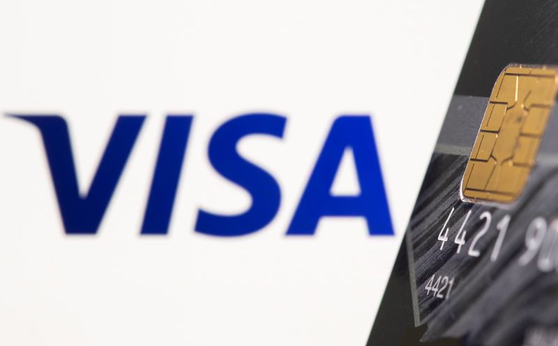Credit card is seen in front of displayed Visa logo