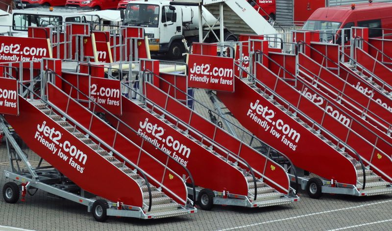 FILE PHOTO: Jet2.com aircraft boarding stairs are stored at Stansted