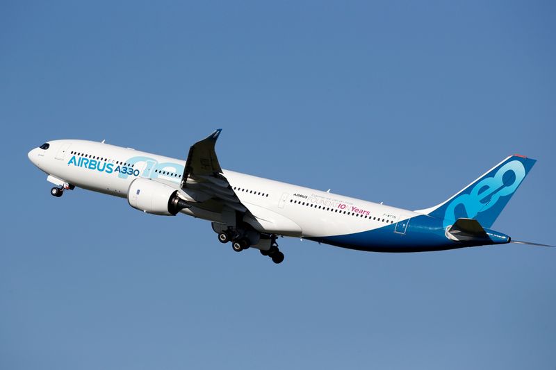 An Airbus A330neo aircraft takes off from the Airbus delivery