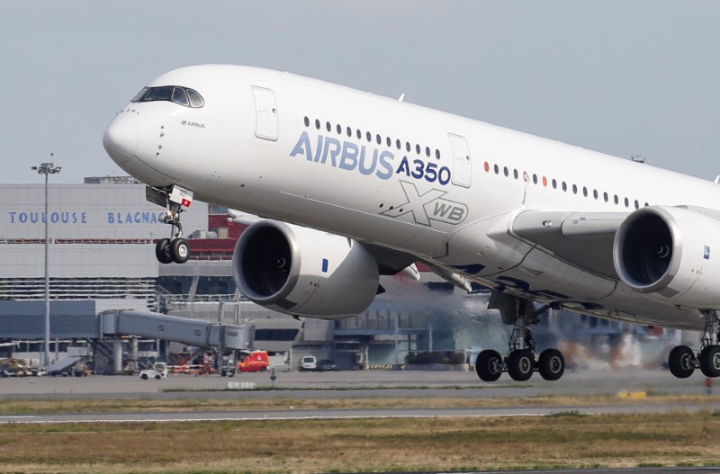 An Airbus A350 takes off at the aircraft builder’s headquarters