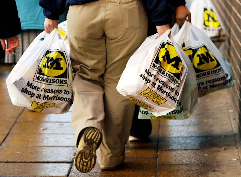 FILE PHOTO: A shopper leaves with groceries at the Morrisons