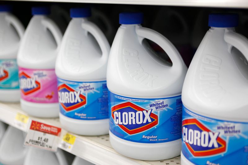 Bottles of Clorox bleach are displayed for sale on the