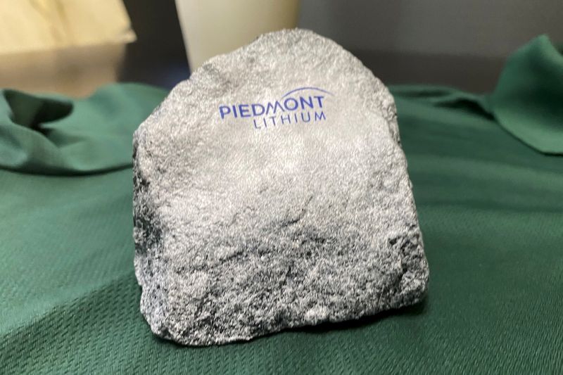 A rock is displayed at Piedmont Lithium’s headquarters in Belmont