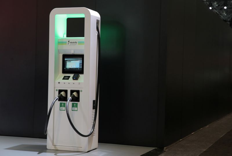 An electric vehicle charging station is seen on display at