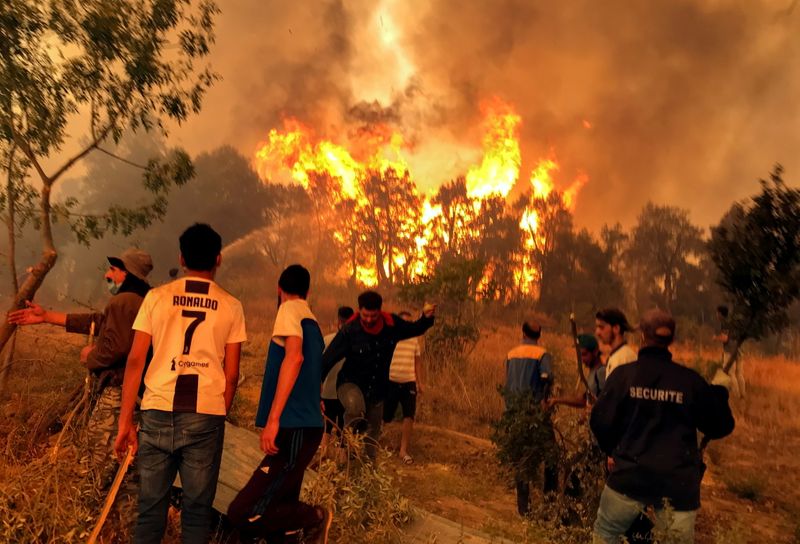 FILE PHOTO: Villagers attempt to put out a wildfire, in
