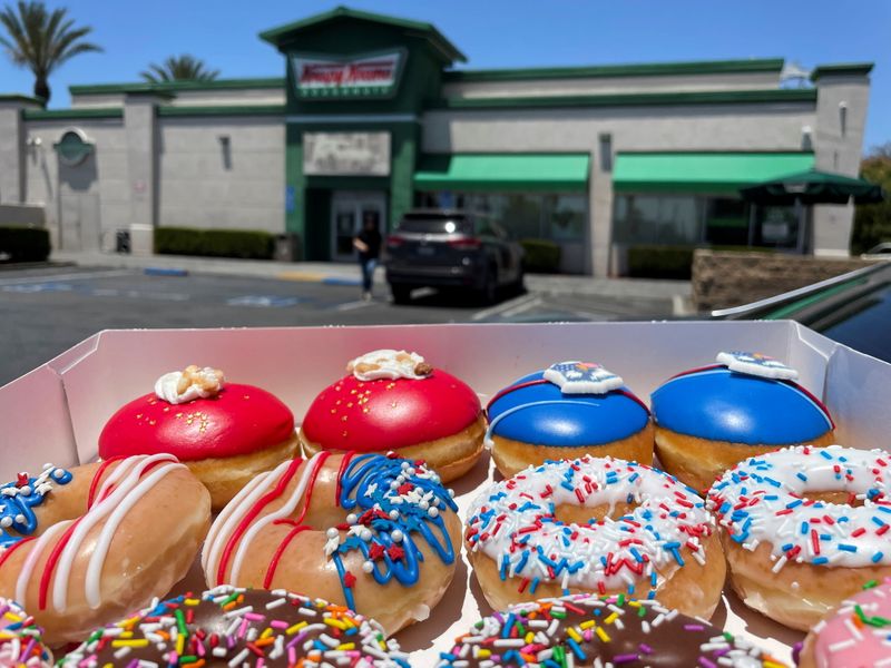 A Holiday variety box is pictured outside a Krispy Kreme