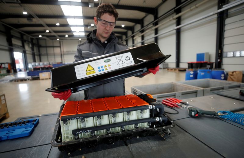 FILE PHOTO: A used Lithium-ion car battery is opened before