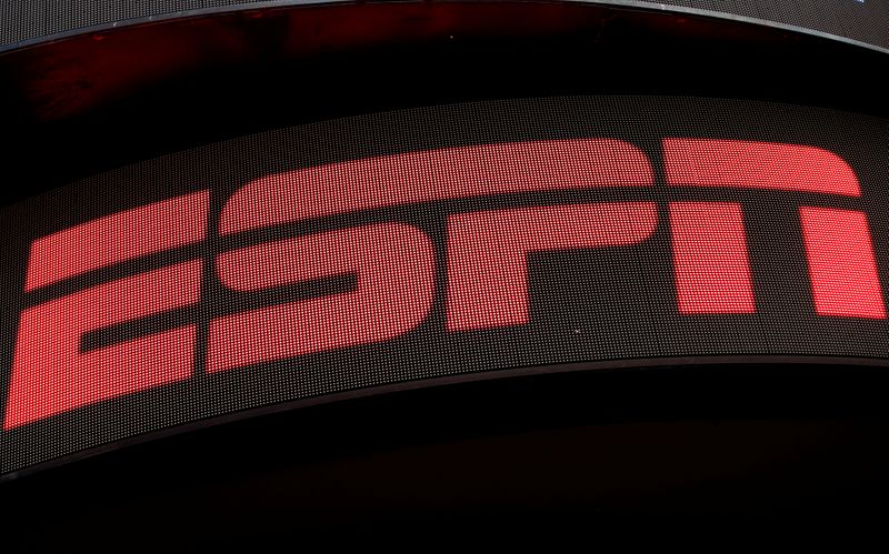 The ESPN logo is seen on an electronic display in