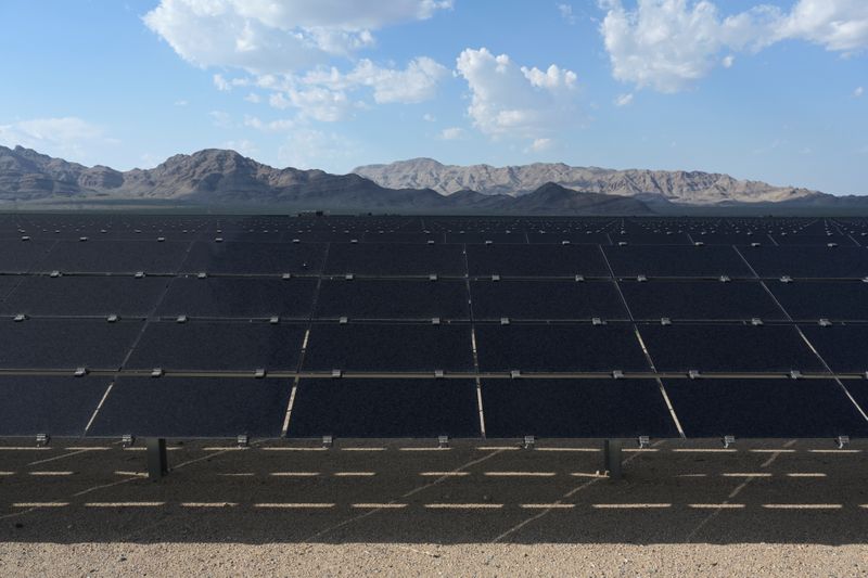 Solar panels are seen at the Desert Stateline project near