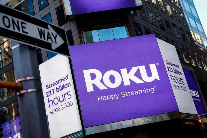 FILE PHOTO: A video sign displays the logo for Roku