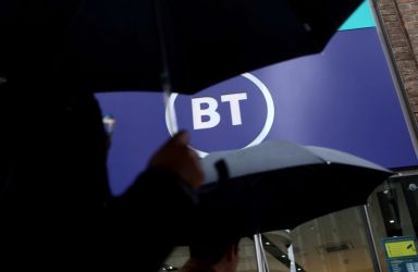 FILE PHOTO: Logo of British Telecom (BT) is displayed outside