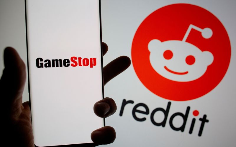 FILE PHOTO: GameStop logo is seen in front of displayed