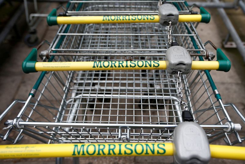 FILE PHOTO: Shopping trolleys are parked at a Morrisons supermarket