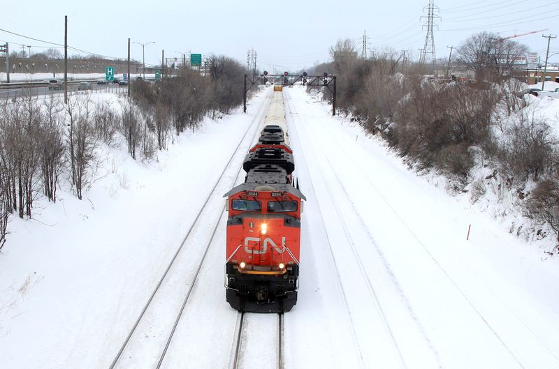 FILE PHOTO: A Canadian National Railway train travels eastward on