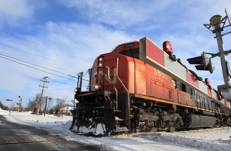 FILE PHOTO: A Canadian National Railway train travels westward on