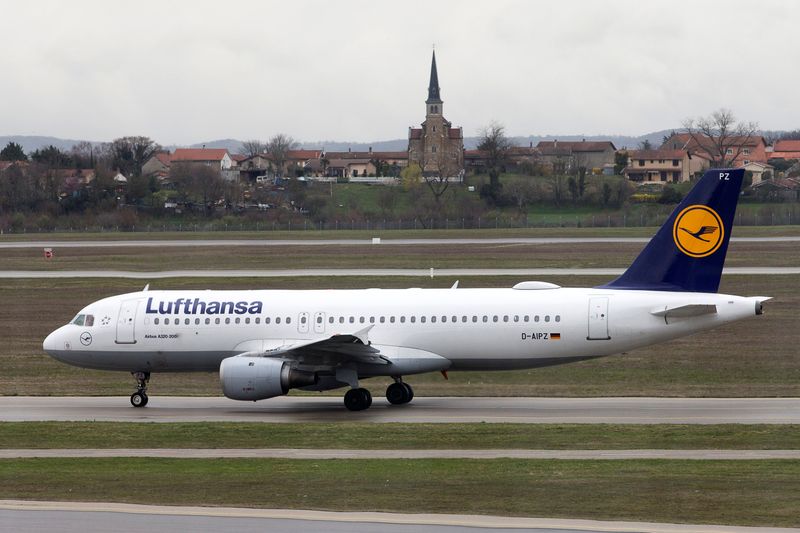 A Lufthansa Airbus A320-200 plane is seen on the tarmac