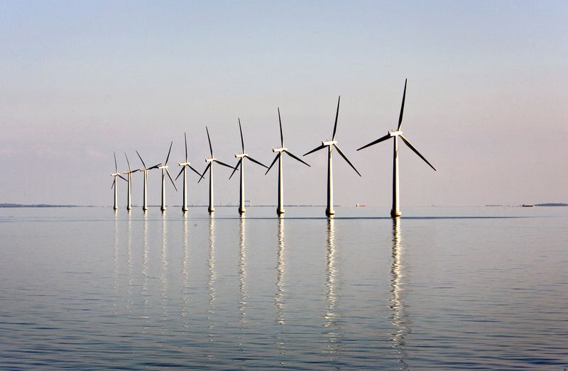 FILE PHOTO: An offshore wind farm near the windswept Danish