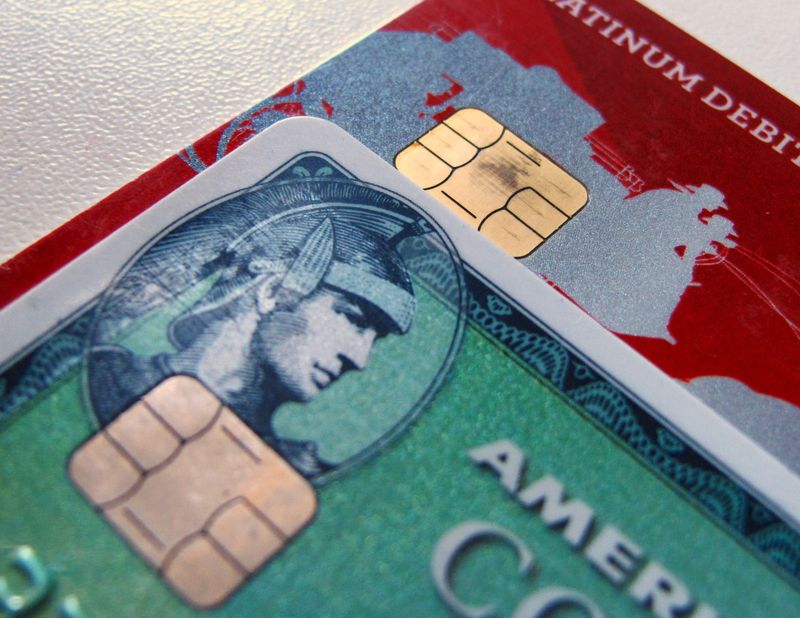 FILE PHOTO: Computer chips are seen on newly-issued credit cards
