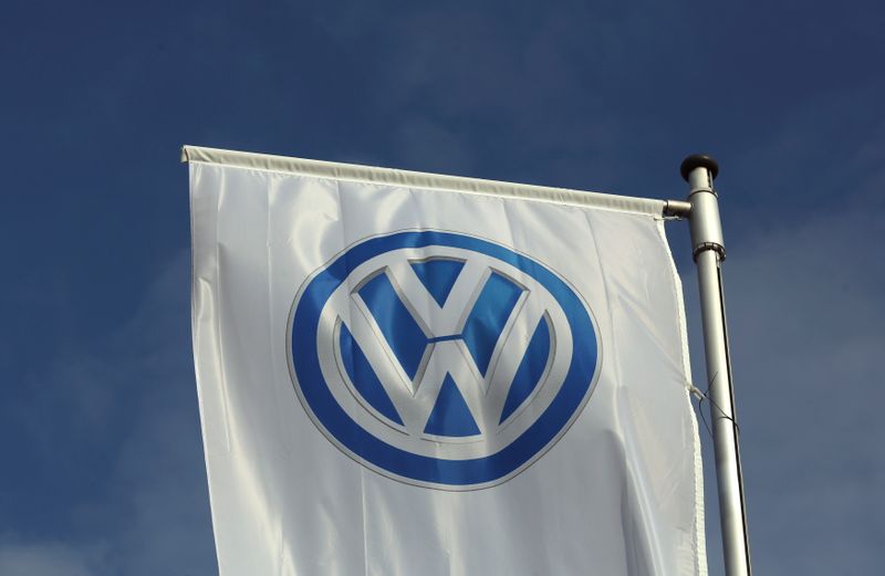 FILE PHOTO: A flag of a Volkswagen VW car dealer