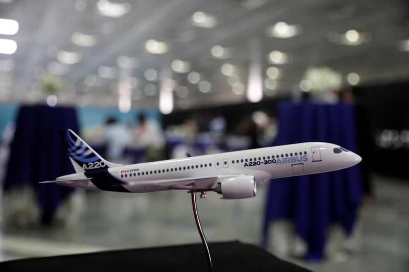 A model of the Airbus A220-300 aircraft is seen at