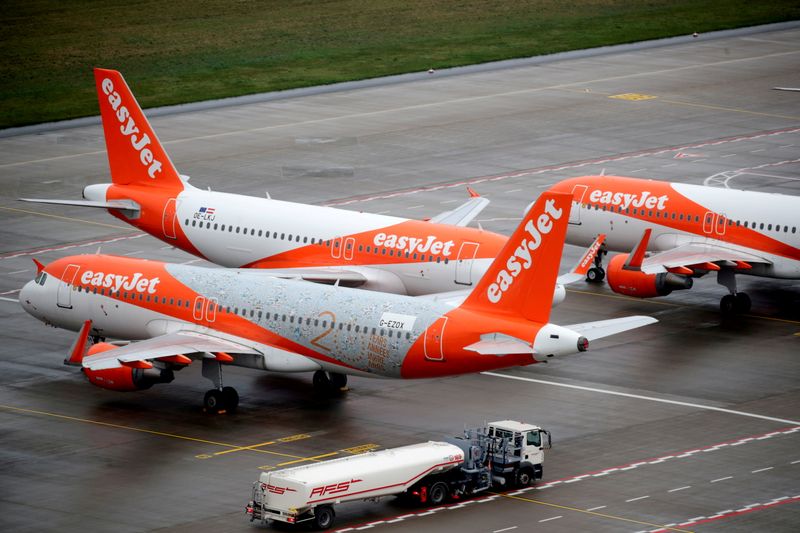 FILE PHOTO: EasyJet airplanes are parked on the tarmac during