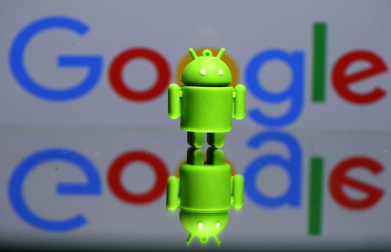 A 3D printed Android mascot Bugdroid is seen in front