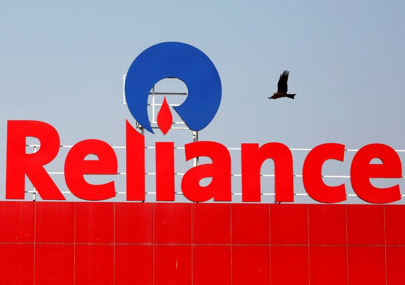 FILE PHOTO: A bird flies past a Reliance Industries logo