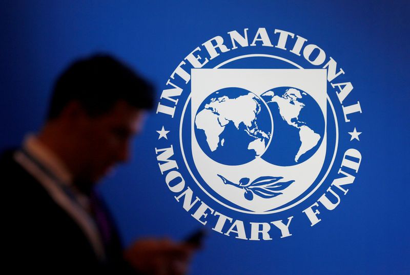 FILE PHOTO: A participant stands near a logo of IMF