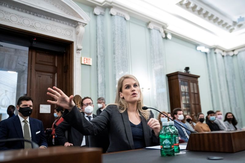 Former Facebook employee and whistleblower Frances Haugen testifies during a