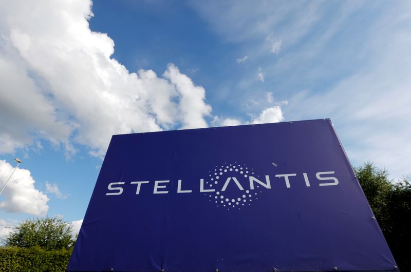 FILE PHOTO: The logo of Stellantis at the entrance of