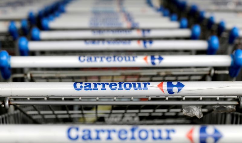FILE PHOTO: The logo of French retailer Carrefour on shopping