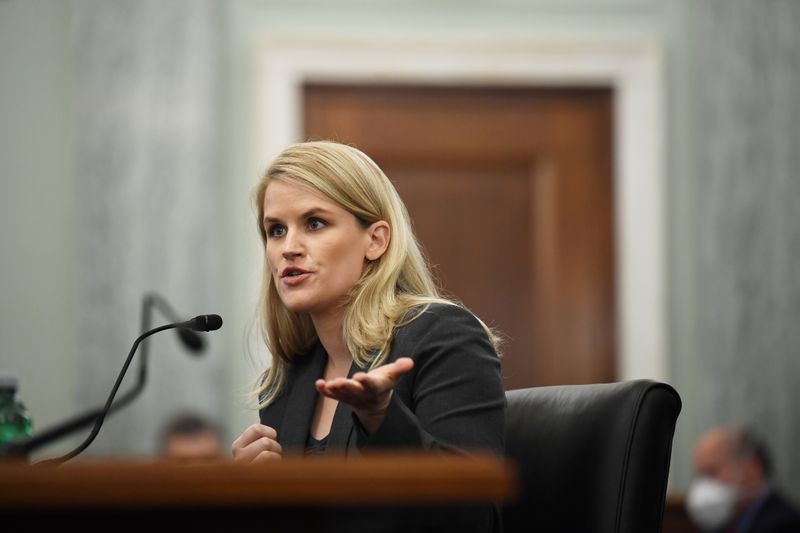 Former Facebook employee and whistleblower Frances Haugen testifies during a