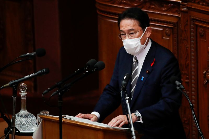 FILE PHOTO: Japan’s new PM Fumio Kishida speaks at parliament