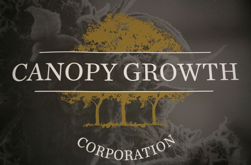 FILE PHOTO: A sign featuring Canopy Growth Corporation’s logo is