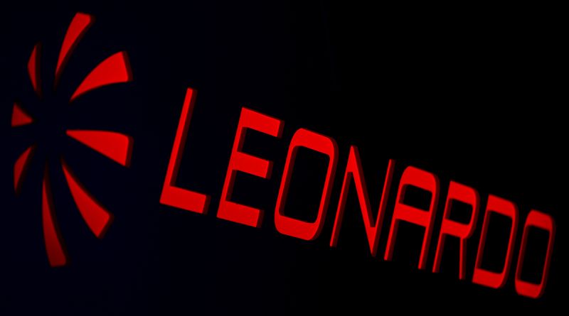 Leonardo logo is seen during celebrations for the 500th Eurofighter