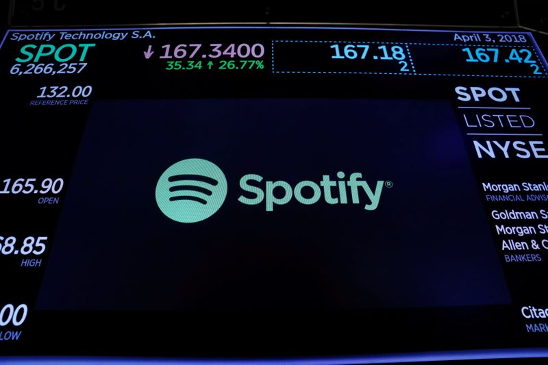 FILE PHOTO: The Spotify logo is displayed after the stock