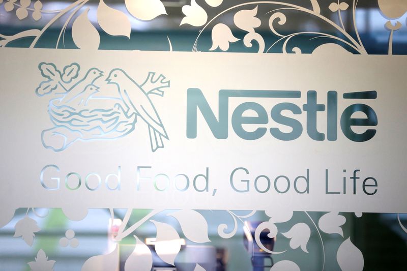 Nestle logo is pictured on the door of the supermarket