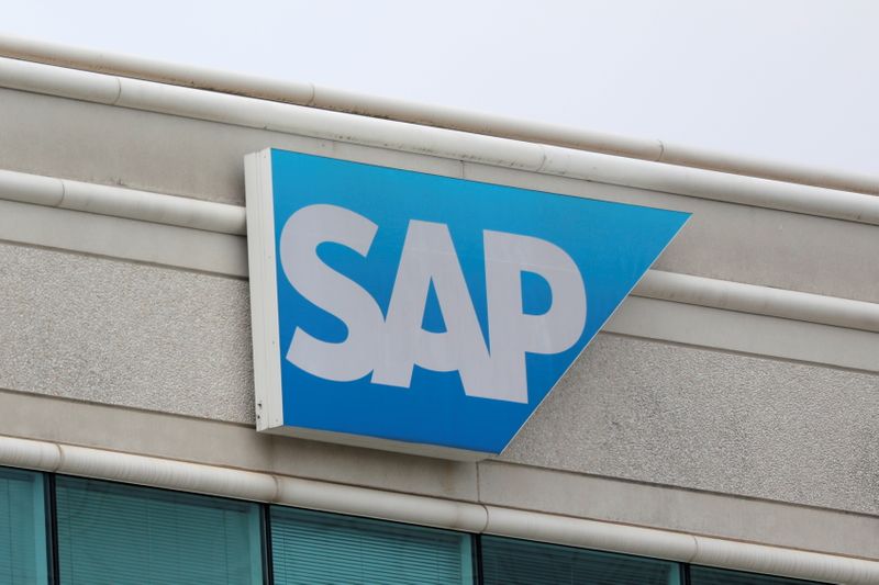 The logo of SAP is seen on their offices in