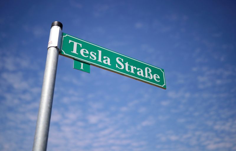 FILE PHOTO: “Tesla Street” sign outside the construction site of