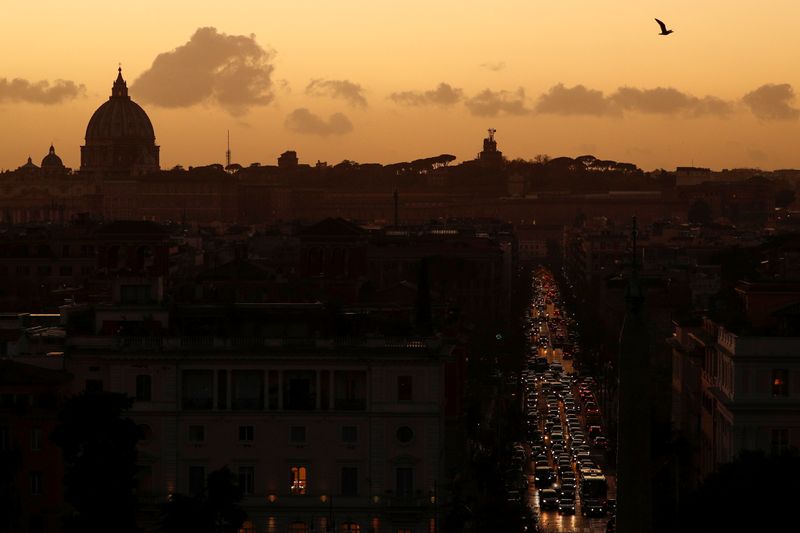 Cars are seen in a traffic jam in Rome