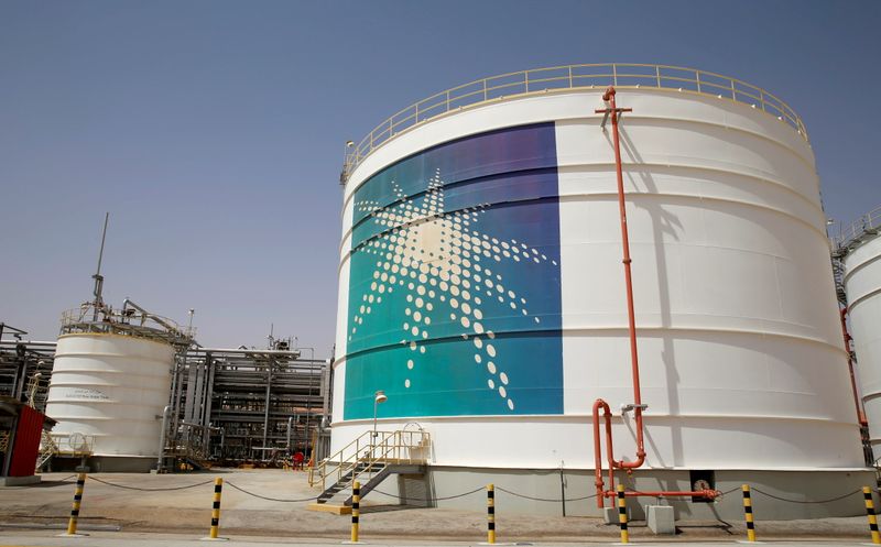 FILE PHOTO: An Aramco oil tank is seen at the