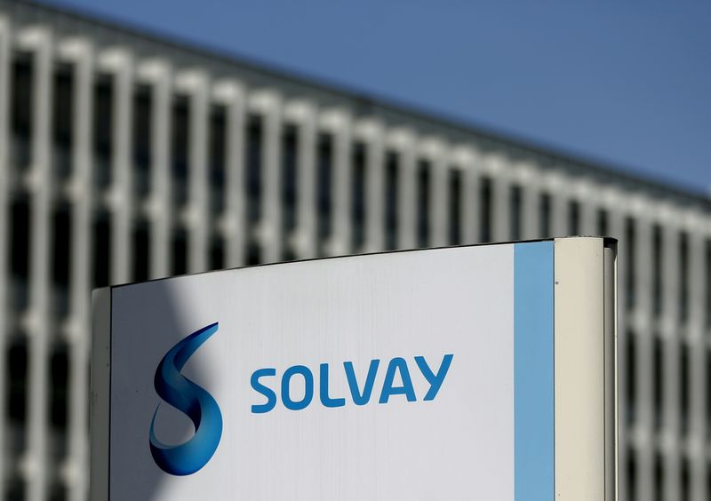FILE PHOTO: The logo of Belgian chemical group Solvay is