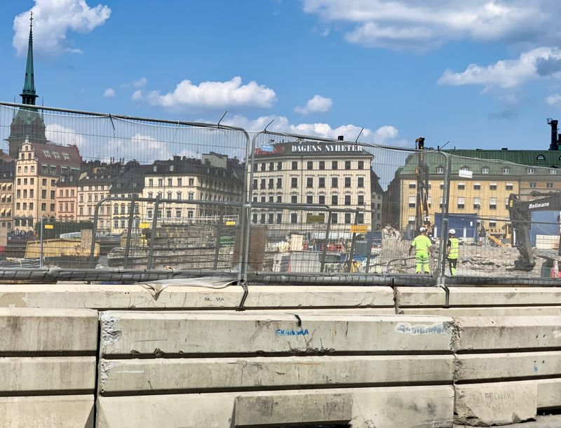 Swedish builder Skanska’s logo is seen at the Slussen construction