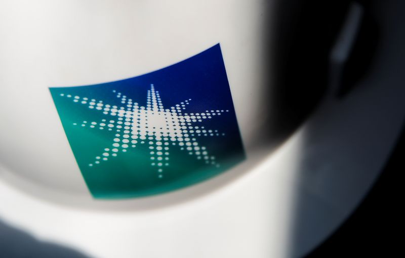 A helmet with logo of Saudi Aramco is pictured at