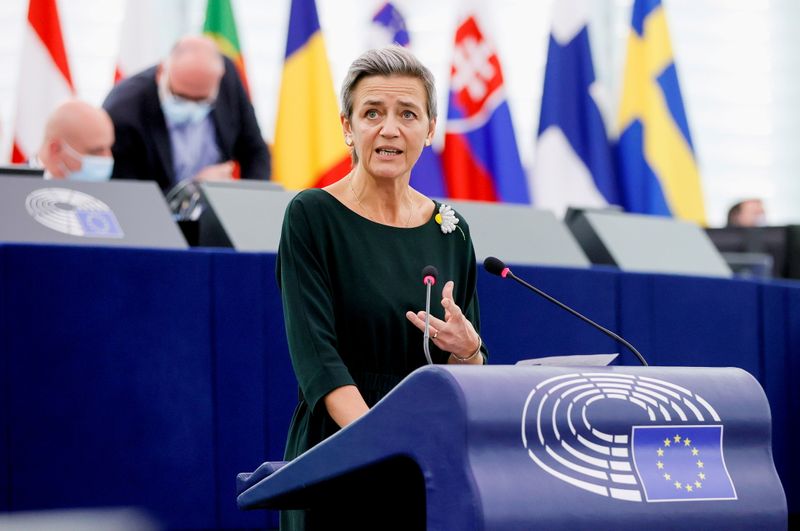 FILE PHOTO: European Commission’s executive Vice President Margrethe Vestager delivers